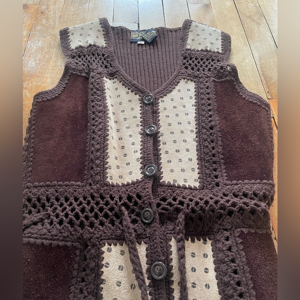 Vintage crocheted vest with leather details-Small - Picture 4 of 8